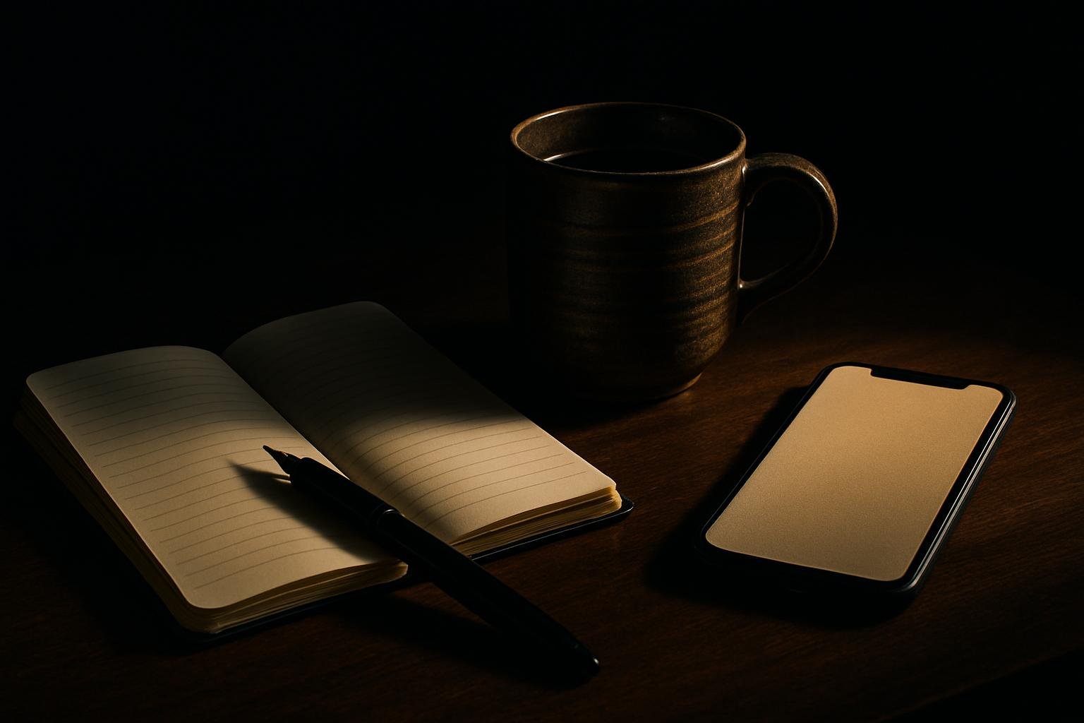a pocket notebook open beside a black pen, a ceramic coffee cup with rings, and a phone with a blank notes screen on a wooden table under soft morning window light