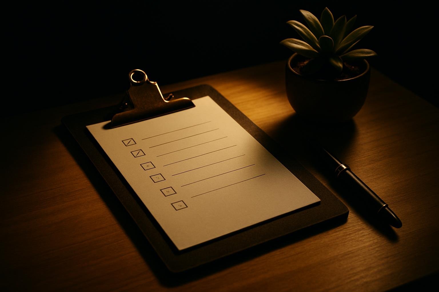 a tidy desk with a printed checklist clipped to a board, a capped fountain pen, a small desk plant, and a soft pool of daylight across pale wood