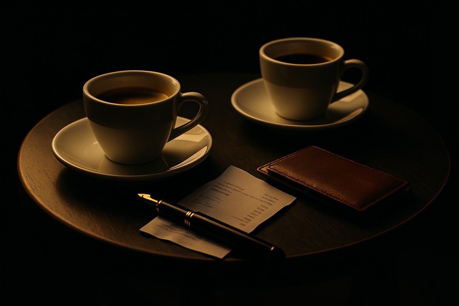 a small table with two coffee cups, a folded receipt, a fountain pen, and a leather cardholder under soft morning window light